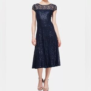 NWT SLNY Navy Blue Sequin Lace Illusion Dress Size 6